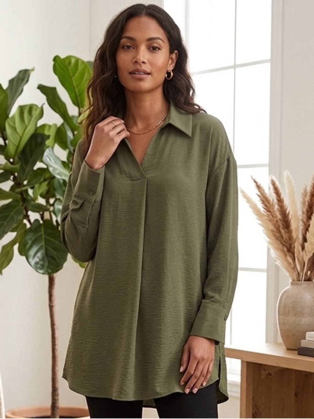 Adrianna Papell Relaxed Collar V-Neck Tunic Top - Olive